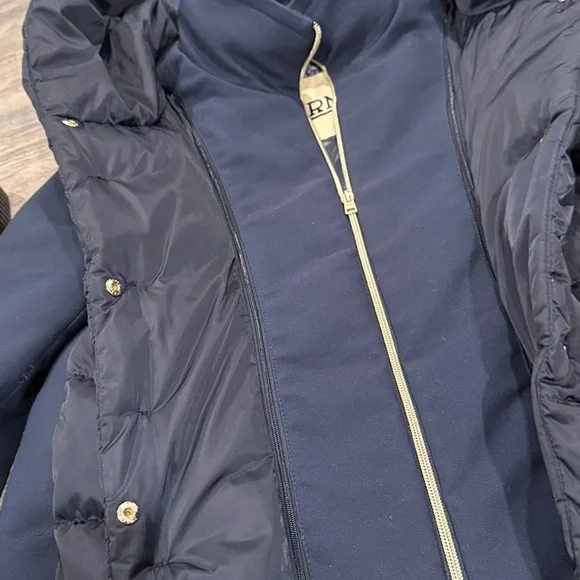 Herno Women's Navy Blue Removable Windblocker Hooded Down Coat Jacket Size M 44 - Picture 11 of 16